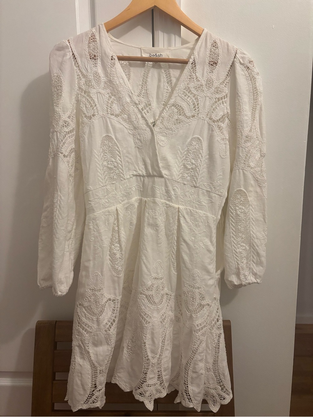 ba&sh Cream Long Sleeve Lace Detail Mini Dress